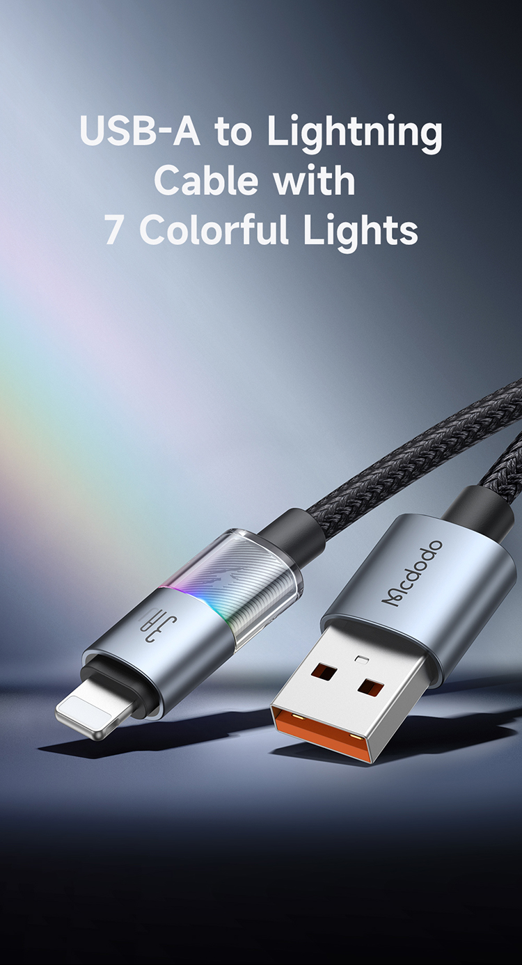 MCDODO CA8170 USB-A TO LIGHTNING CABLE WITH 7 COLORFUL LIGHTS 1.2M (BLACK)